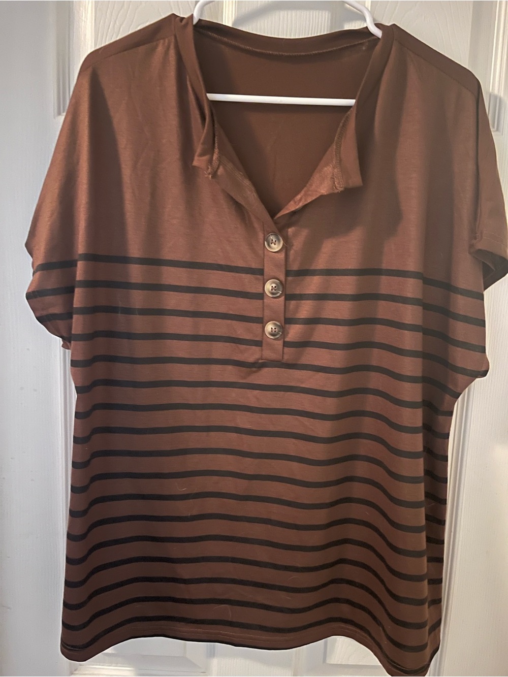 SHEIN Curve 1x Brown Striped Short-Sleeve Henley Top